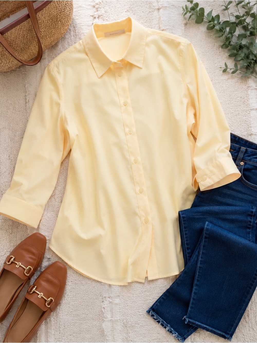 Coldwater Creek No Iron Butter Yellow 3/4 Sleeve Button Down Shirt Size 18W NWOT